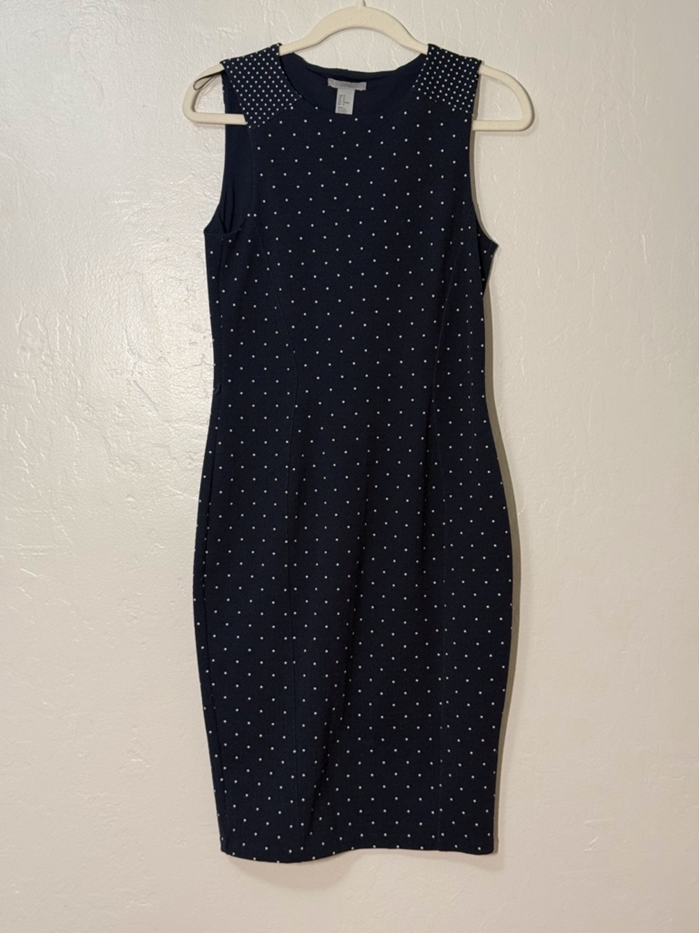 H&M Navy Midi Sheath Dress with White Polka Dots